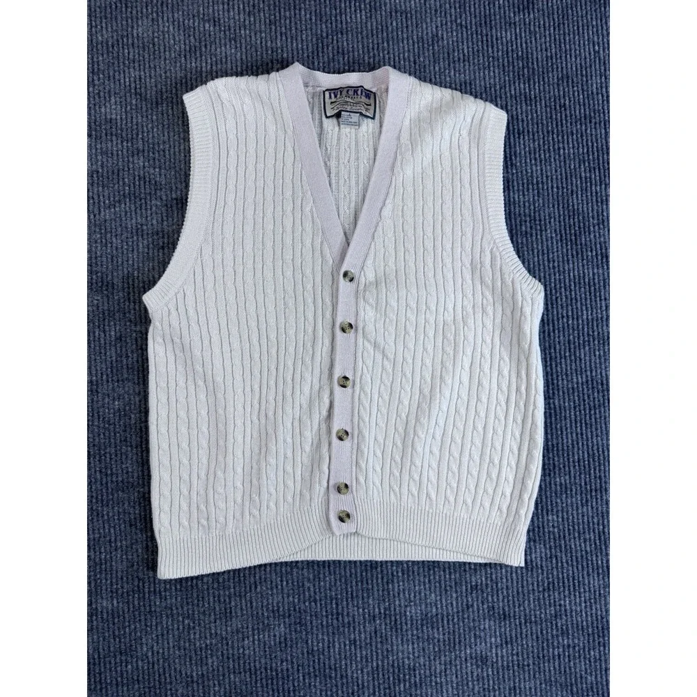 Vintage Ivy Crew White Cable-Knit Ramie Cotton Sweater Vest Button V-Neck Size L